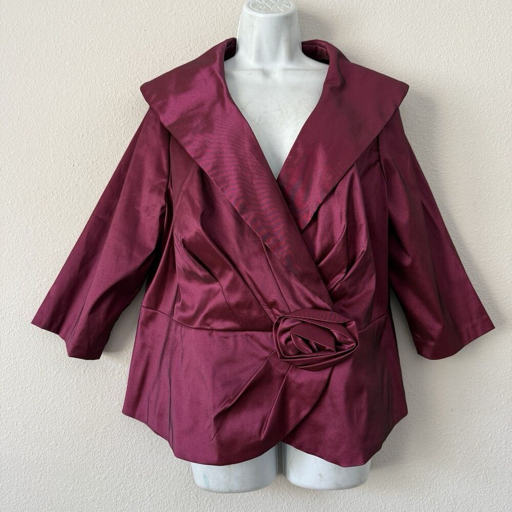 Alex Evenings Cocktail Blouse 1X Plus Burgundy 3/4 Sleeve Rosette Glam Elegant